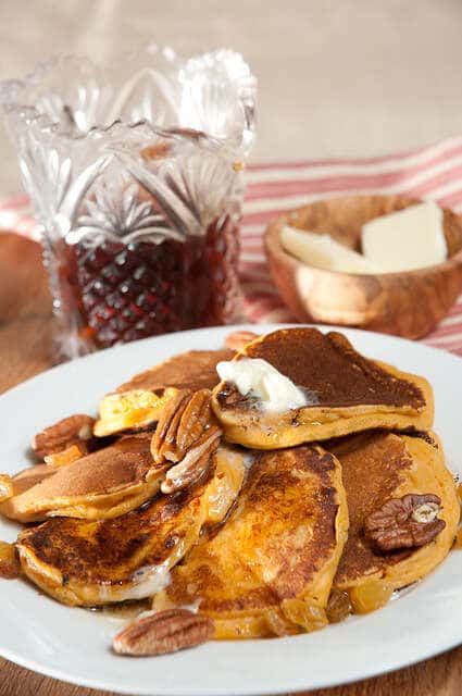 sweet potato rum raisin pancakes with rum syrup